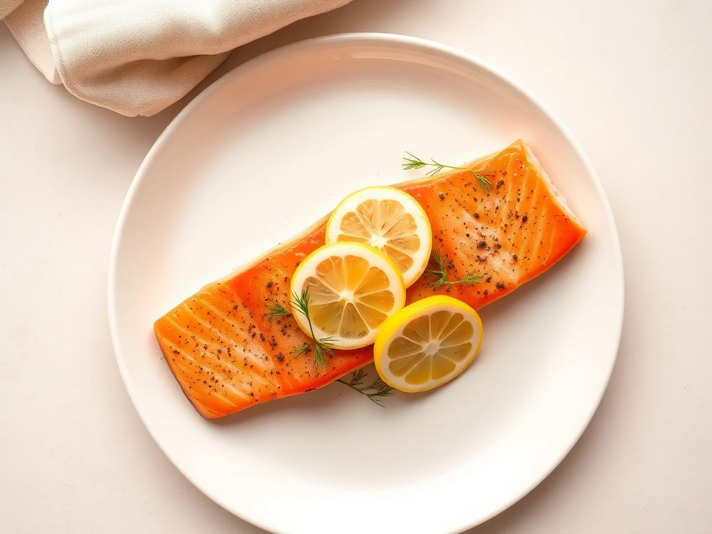 Air fryer salmon fillet with lemon slices and fresh dill on a white plate