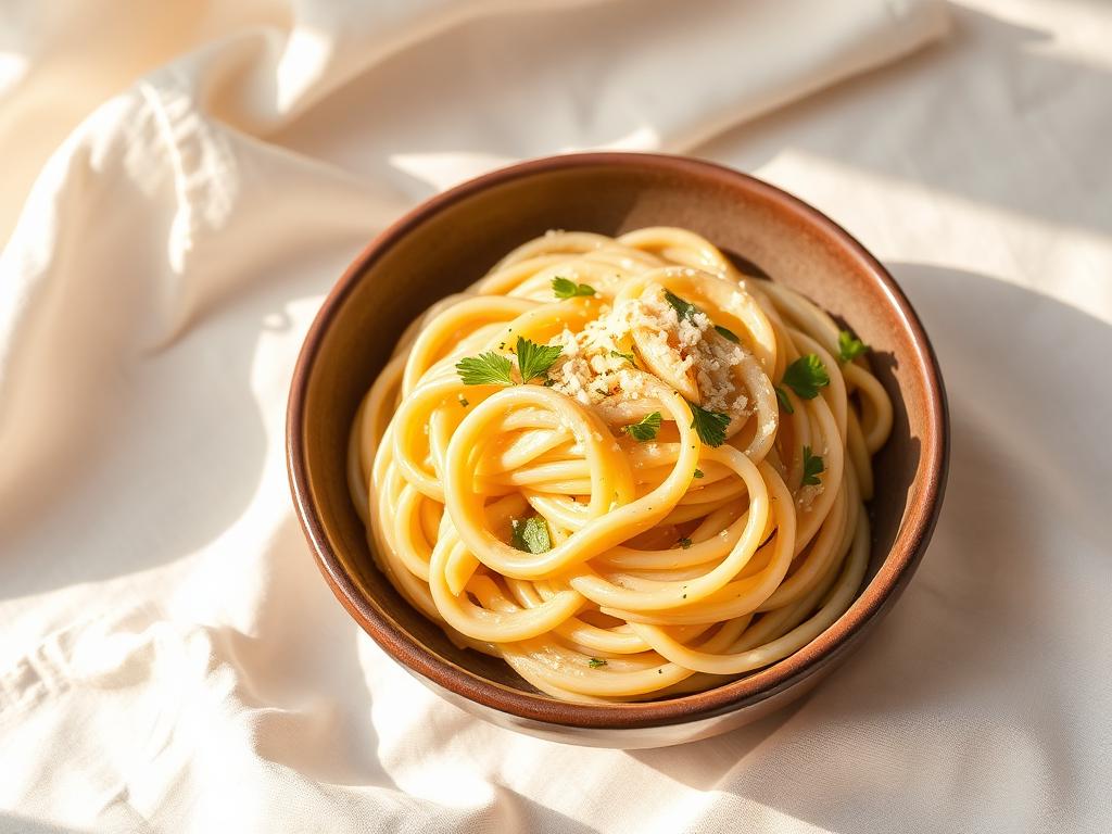 Bowl of creamy garlic pasta topped with parmesan and parsley