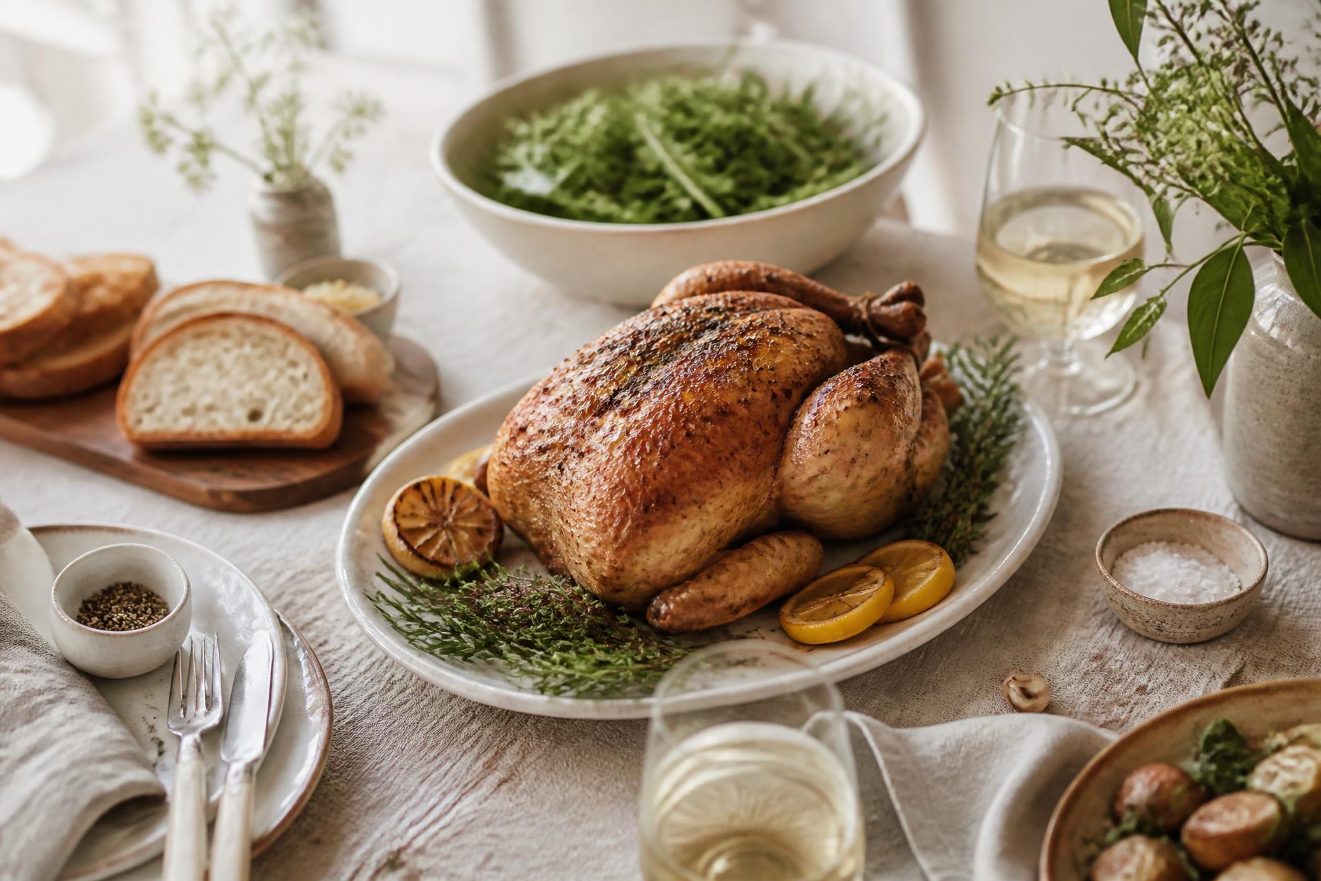 A warmly lit table set with roast chicken, fresh bread, salad and herbs