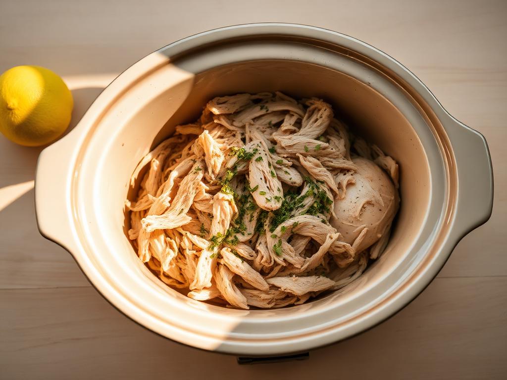Shredded lemon herb chicken in a ceramic slow cooker crock